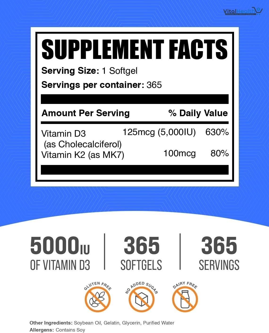 BulkSupplements.com Vitamin D3 + K2 5000 IU Softgels - D3 K2 Supplement, for Immune Health - Gluten Free, 1 Softgel per Serving, 365 Count thumbnail 4