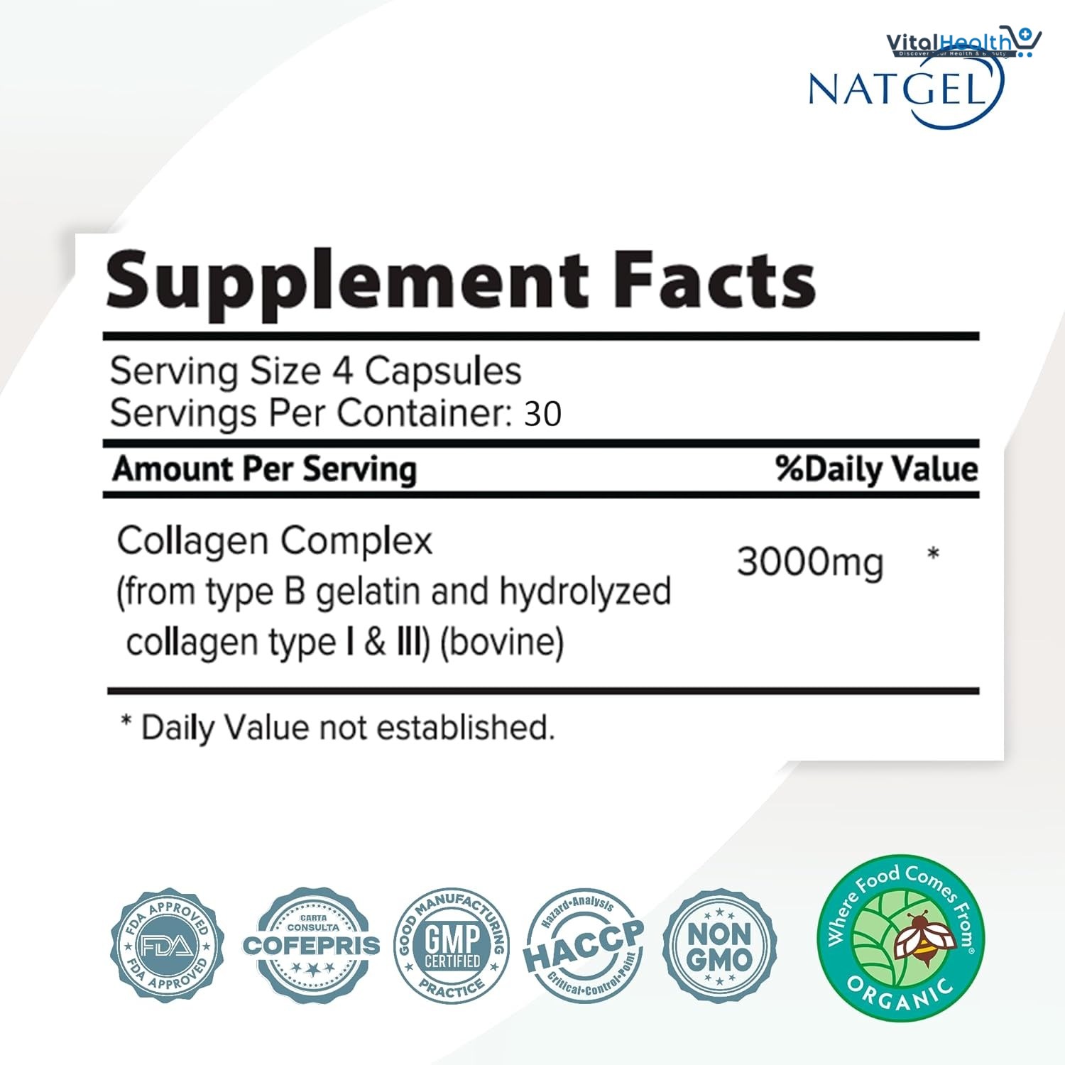 NATGEL Collagen Peptides Type I &amp; III | 3000mg - 120 Capsules | Premium Hydrolyzed Collagen for Skin, Hair, Nails &amp; Joint thumbnail 3
