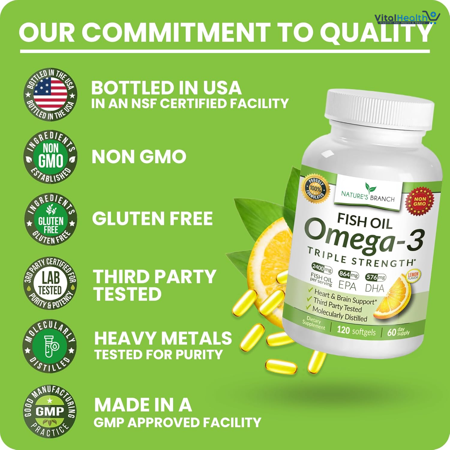 Triple Strength Omega 3 Fish Oil Supplements 2400mg | 180 Capsules, Burpless High Potency Lemon Flavor, High EPA DHA for Men &amp; Women thumbnail 4