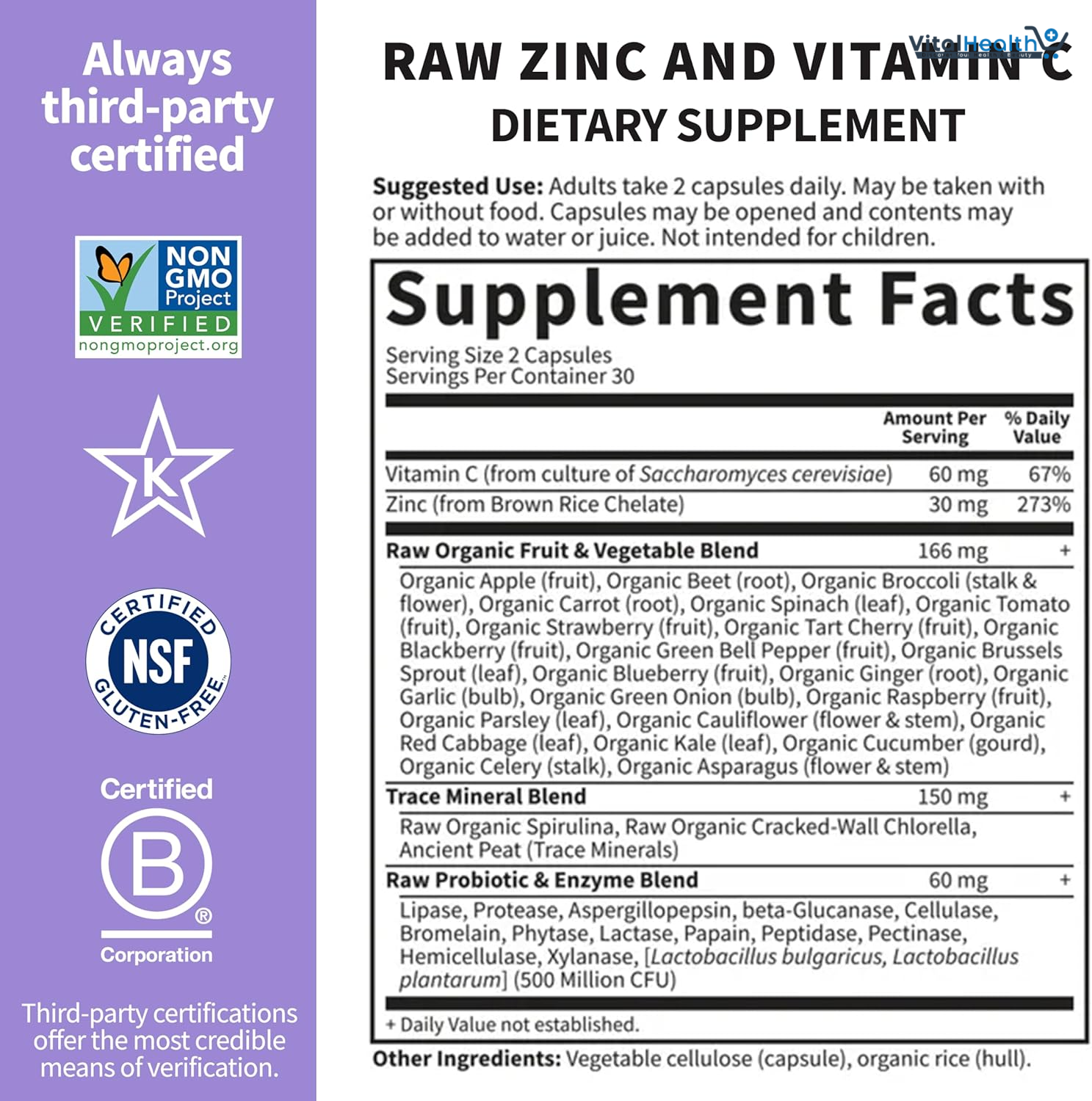 Garden of Life Zinc Supplements 30mg High Potency Raw Zinc and Vitamin C Multimineral Supplement, Vitamin Code Vitamins Trace Minerals &amp; Probiotics for Skin Health &amp; Immune Support, 60 Vegan Capsules thumbnail 4
