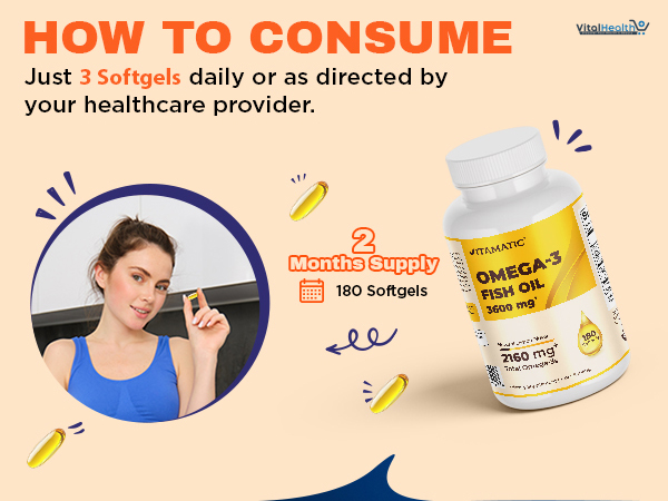 Vitamatic Triple Strength Omega 3 Fish Oil 3600mg Per Serving, 2160mg Omega 3 Fatty Acids, 1296mg EPA + 864mg DHA, Burpless Lemon Flavor, 180 Softgels thumbnail 6