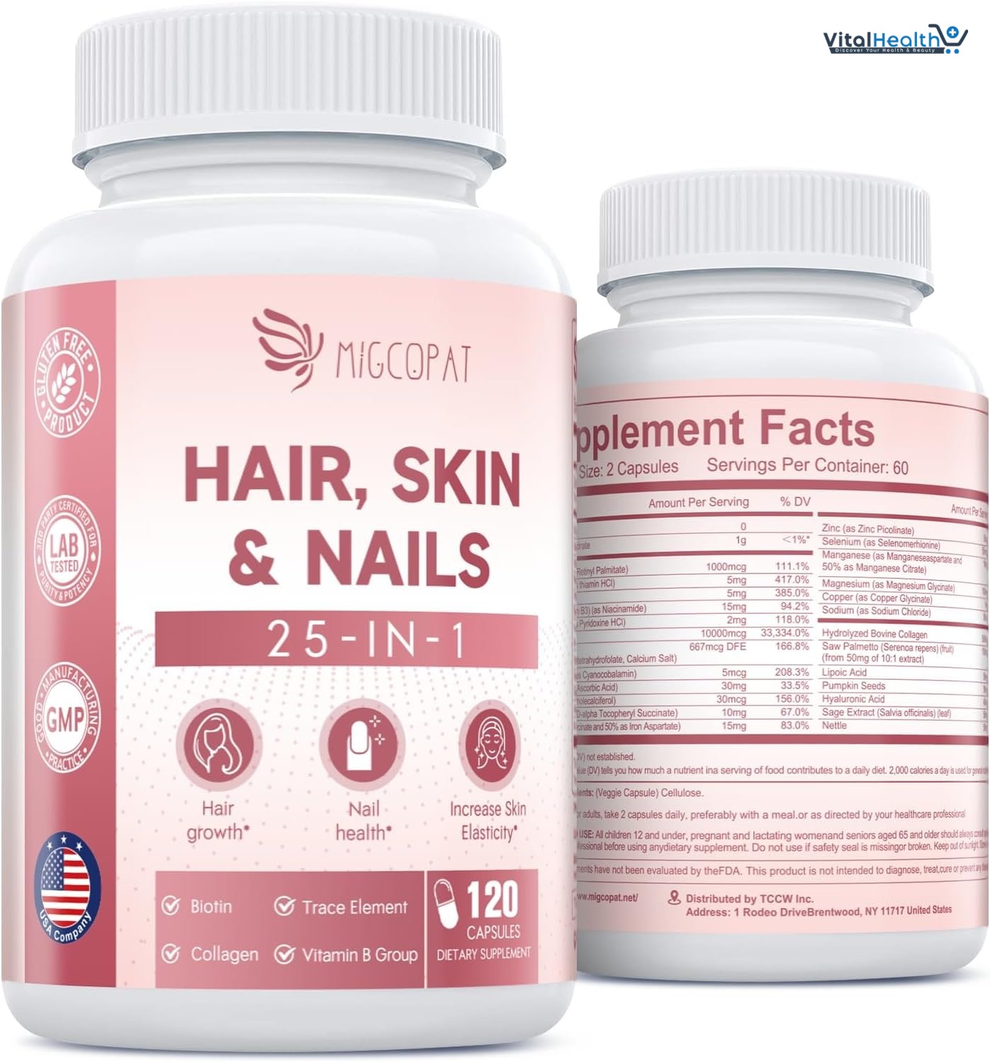 Hair Skin and Nails Vitamins with Biotin, Collagen &amp; Hyaluronic Acid, Supports Healthy Hair Growth, Strong Nails &amp; Glowing Skin, Biotin Supplement with Vitamins A, C, D3, E, B Complex &amp; Minerals thumbnail 2