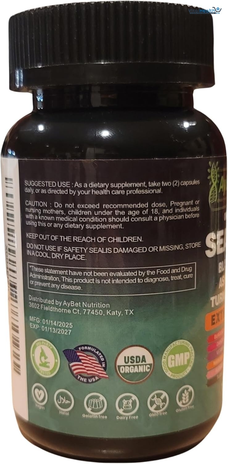 AyBet Organic Irish Sea Moss, Black Seed Oil, Ashwagandha, Turmeric,Ginger Capsule _ 120 Count thumbnail 4
