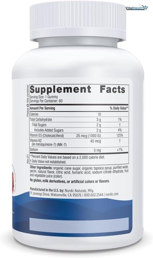 Nordic Naturals Vitamin D3 + K2 Gummies, Pomegranate - 60 Gummies - 1000 IU Vitamin D3 + 45 mcg K2 - Great Taste - Bone Health, Promotes Healthy Muscle Function - Non-GMO - 60 Servings thumbnail 5
