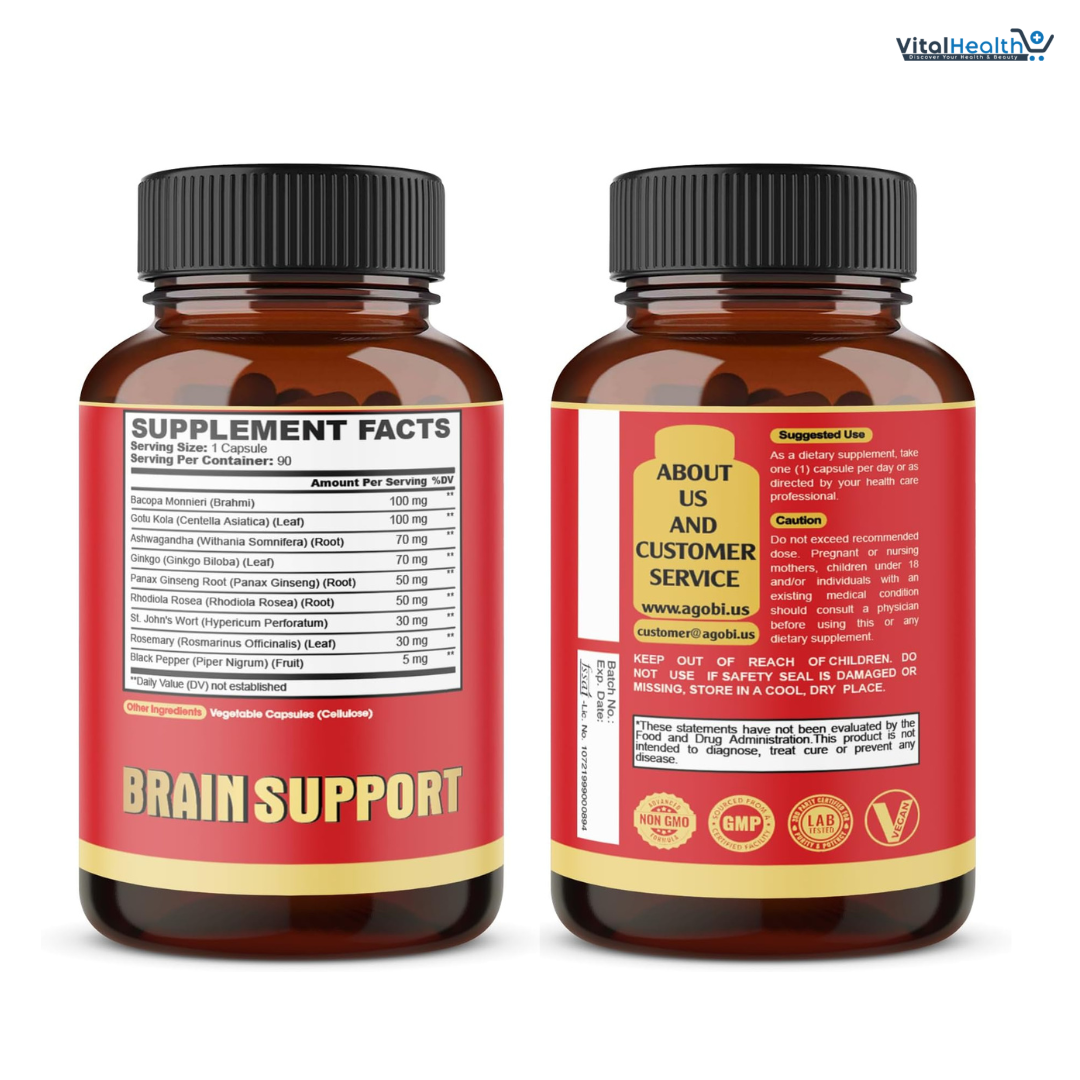 Agobi 9in1 Brain Support Supplement - Concentrated Ashwagandha Root, Gotu Kola Powder, Bacopa Monnieri Powder and More - 90 Capsules thumbnail 4