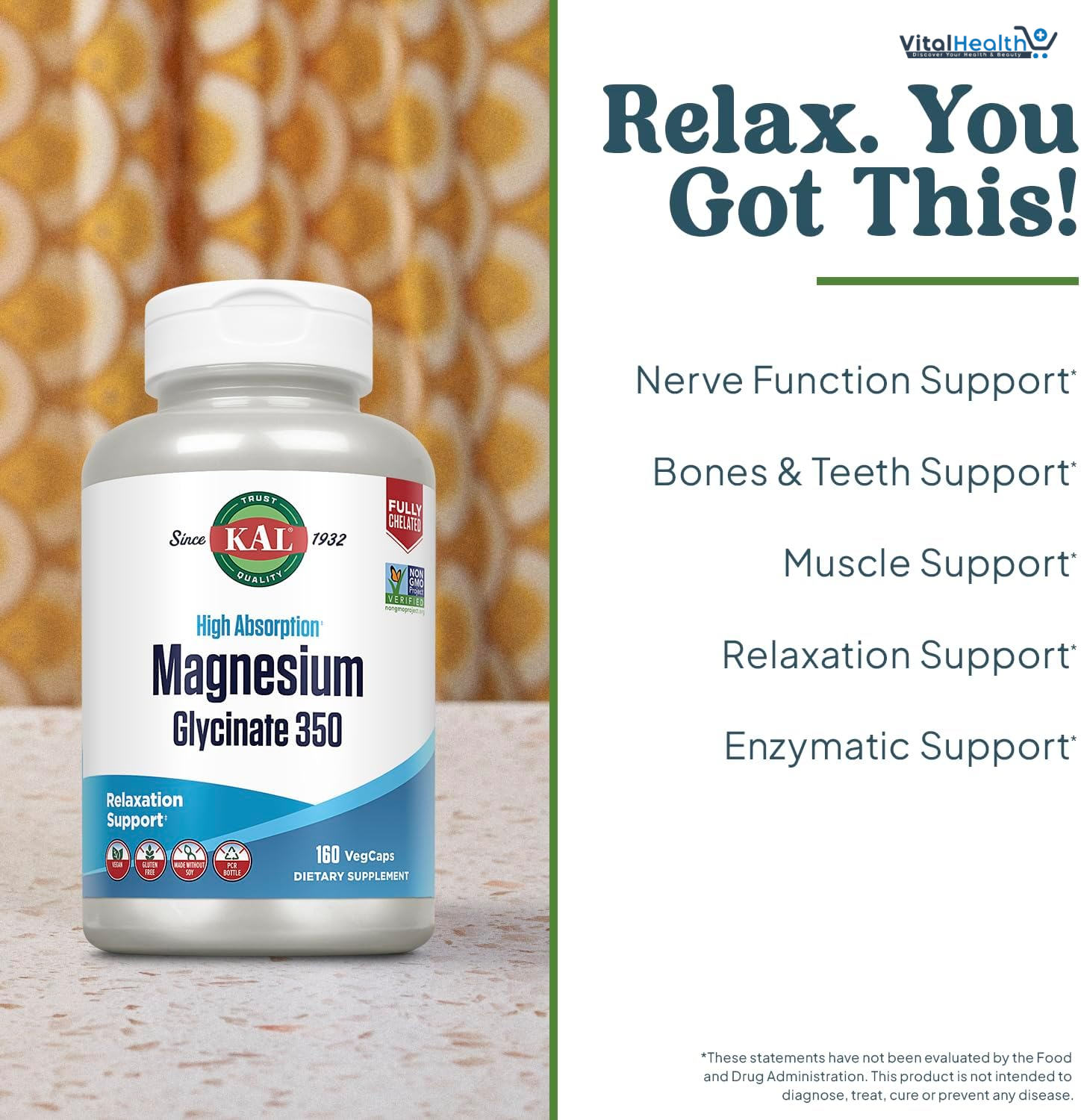KAL Magnesium Glycinate, New &amp; Improved Fully Chelated High Absorption Formula with BioPerine, Bisglycinate Chelate for Stress, Relaxation, Muscle &amp; Bone Health Support, 60 Servings, 240 VegCaps thumbnail 2