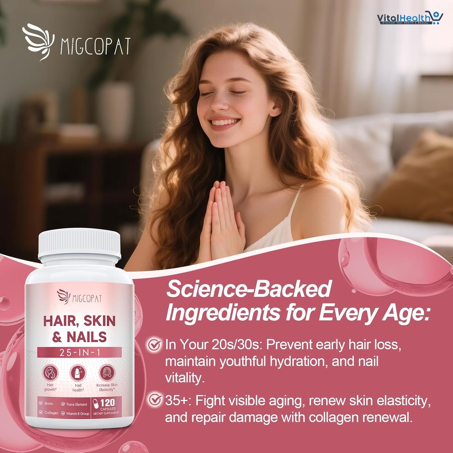 Hair Skin and Nails Vitamins with Biotin, Collagen &amp; Hyaluronic Acid, Supports Healthy Hair Growth, Strong Nails &amp; Glowing Skin, Biotin Supplement with Vitamins A, C, D3, E, B Complex &amp; Minerals thumbnail 4