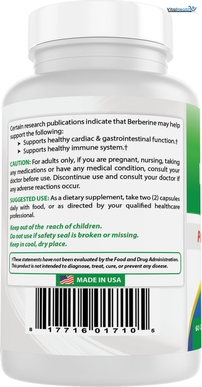 Best Naturals Berberine Plus 1000mg per Serving, (Non-GMO) 60 Capsules - Contains Berberine HCL 1000mg, Vitamin C 120mg &amp; Zinc Gluconate 30 mg thumbnail 2
