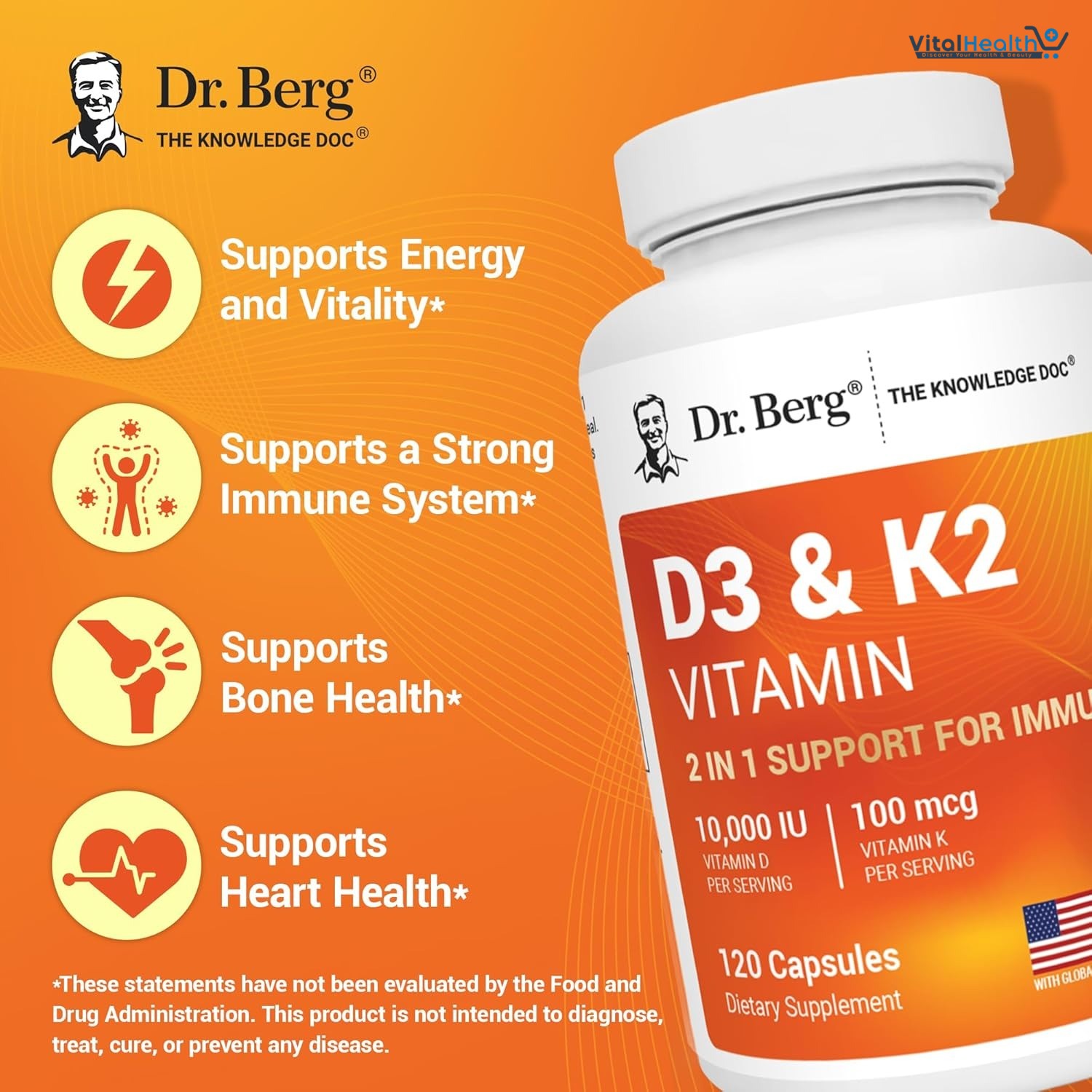 Dr. Berg D3 &amp; K2 Vitamin 10,000 IU _1000 MCG 120 Capsules thumbnail 2