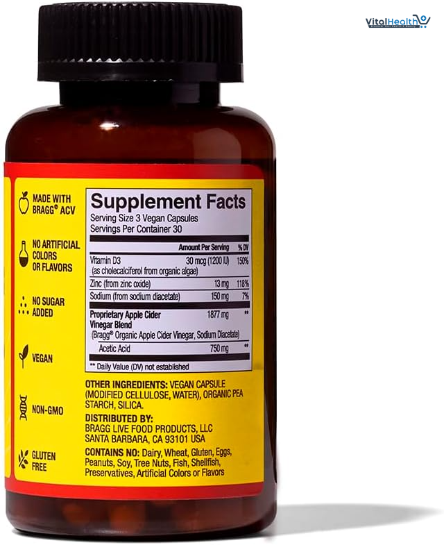 Bragg Organic Apple Cider Vinegar Capsules with Vitamin D and Zinc - 90 Count - Supports Immune System thumbnail 8