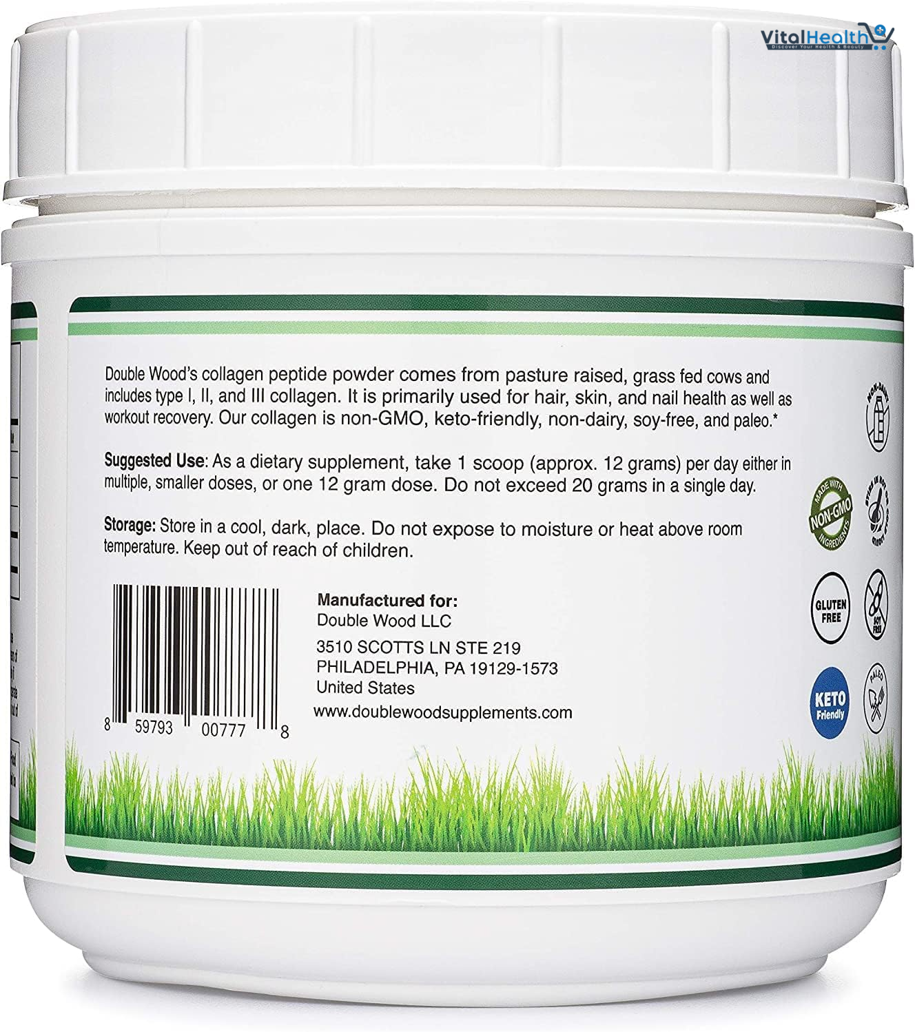 Collagen Peptides Powder - Hydrolyzed Collagen, Keto Safe - 16.08oz - Multi Type 1, 2, and 3 (Grass Fed Bovine Source)(Colageno Hidrolizado) Collagen Supplements for Women and Men by Double Wood thumbnail 3