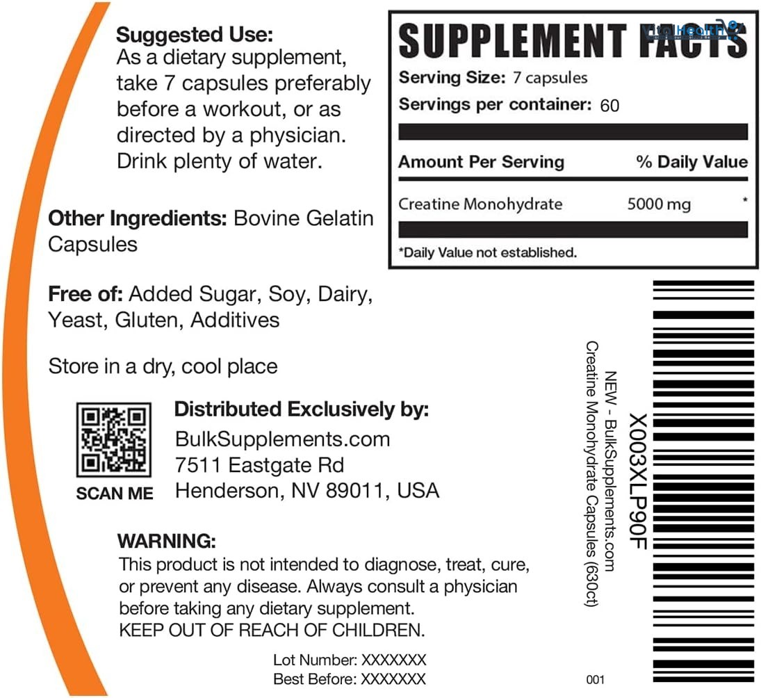 BulkSupplements.com Creatine Monohydrate Capsules - Micronized Creatine Monohydrate, Vegan Creatine, Creatine Pills 5000mg, Gluten Free, 210 Capsules thumbnail 4