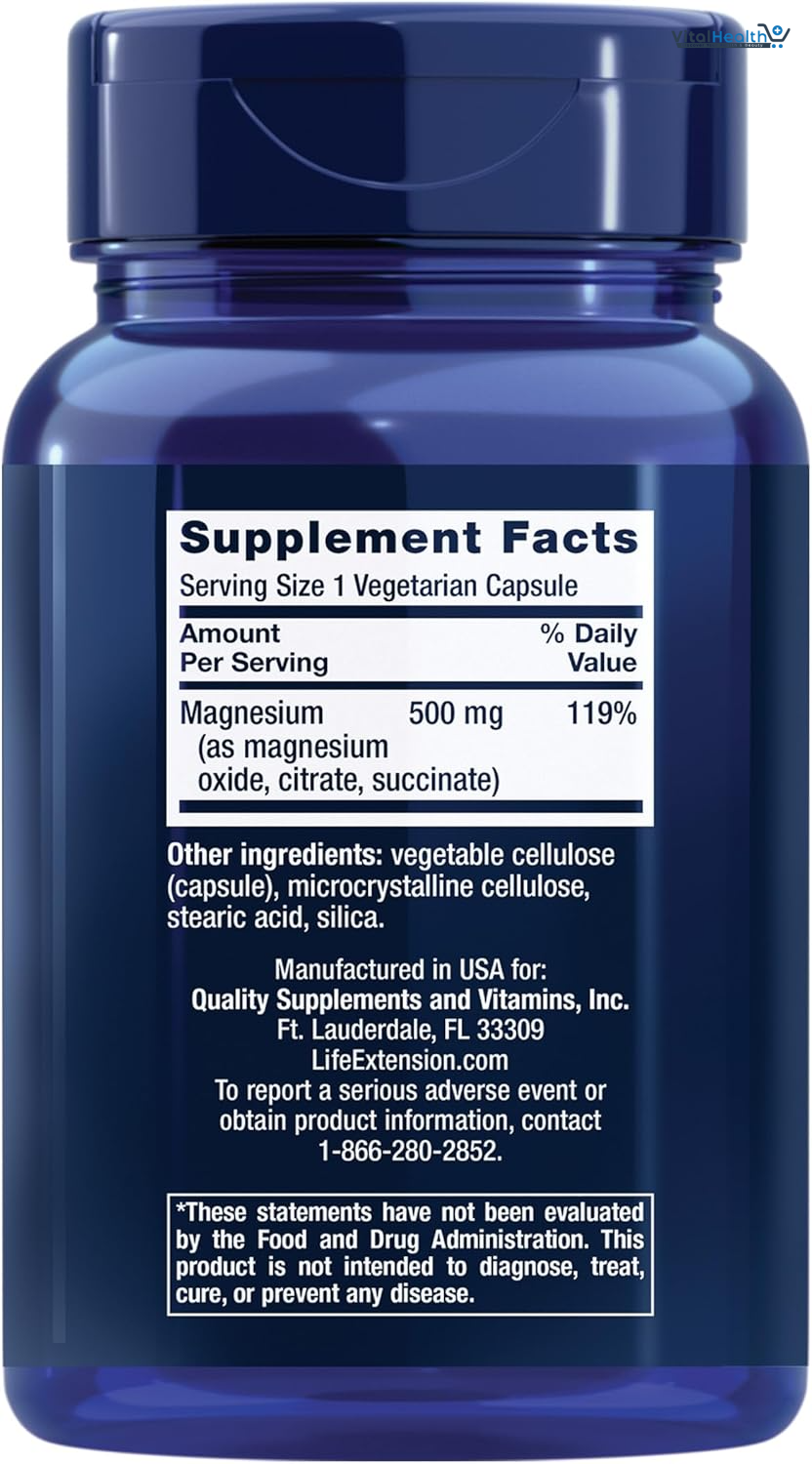 Life Extension Magnesium Caps, 500 mg, Magnesium Oxide, Citrate, and Succinate, Heart Health, Healthy Bones, Metabolism Support, 100 Vegetarian Capsules thumbnail 4