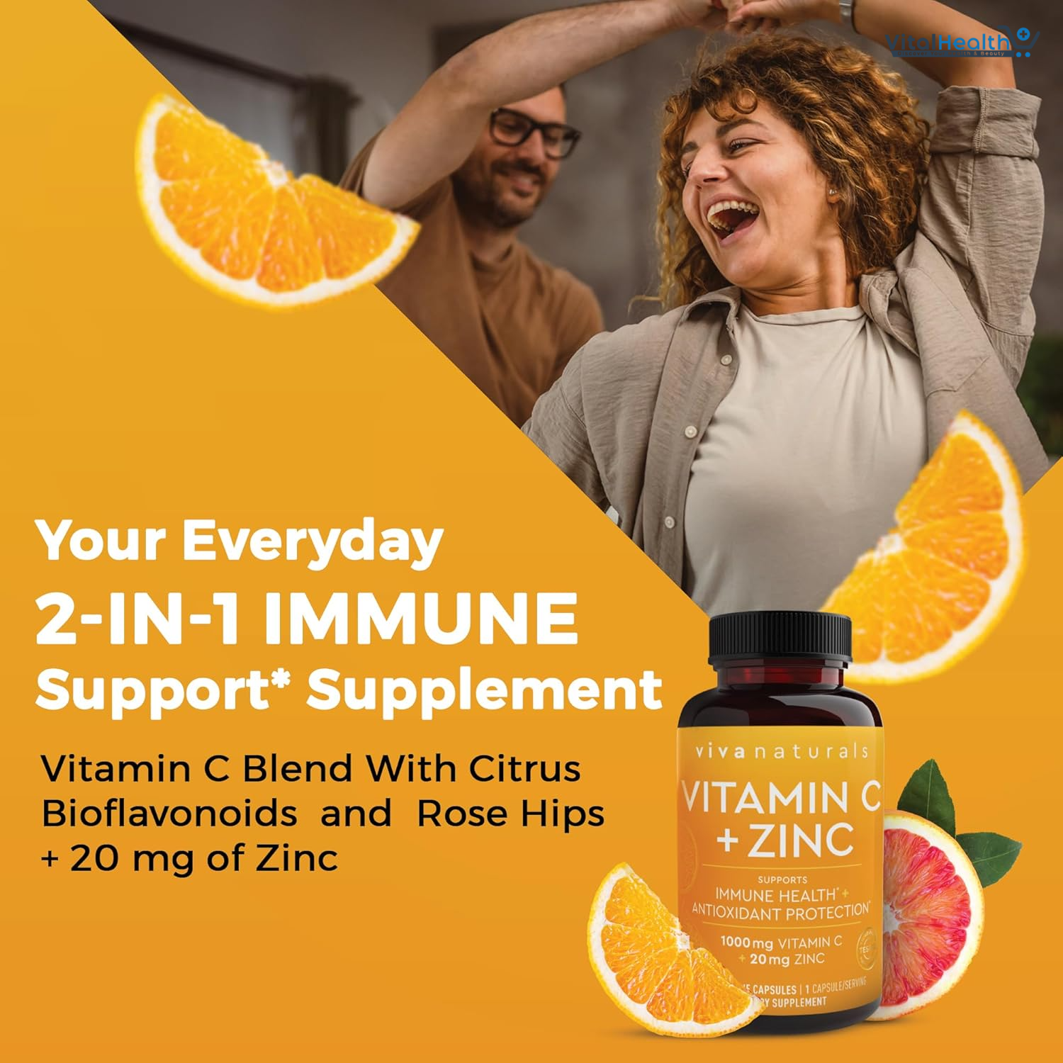 Viva Naturals Vitamin C and Zinc Supplement (250 Capsules) - 1000 mg Vitamin C with Zinc 20 mg Antioxidant Supplements for Immune Support, Vitamin Supplement for Adults thumbnail 2