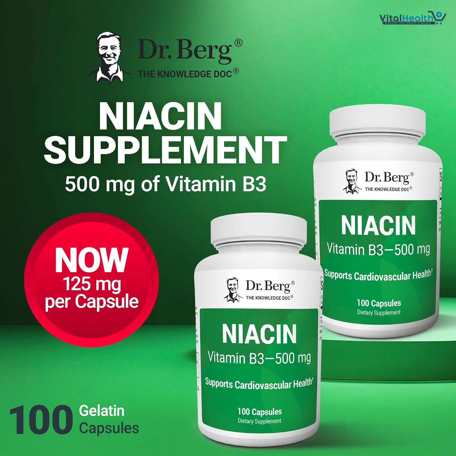 Dr Berg Niacin (Flushing Form) — Vitamin B3 500 mg per serving — Now only 125 mg per capsule - 100 Capsules thumbnail 2