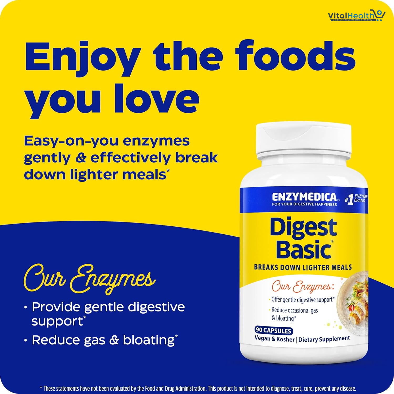 Enzymedica Digest Basic, Digestive Enzymes for Sensitive Stomachs, Offers Fast-Acting Gas &amp; Bloating Relief, 90 Count thumbnail 3
