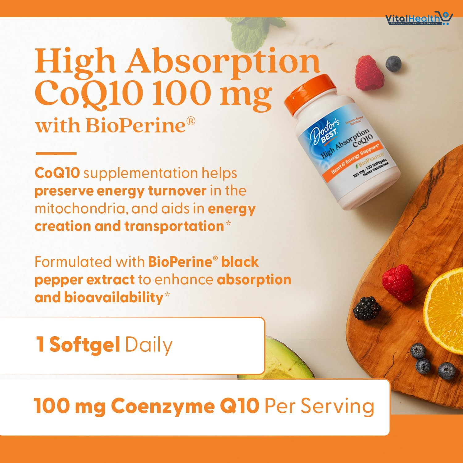 Doctor's Best High Absorption CoQ10 with BioPerine, Gluten Free, Naturally Fermented, Heart Health, Energy Production, 100 mg, 120 Count