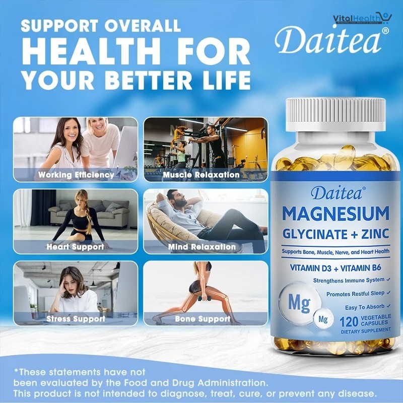 Daitea Magnesium Glycinate + Zinc Vitamin D3 + Vitamin B6 Capsules to Support Bone Muscles &amp; Heart Health