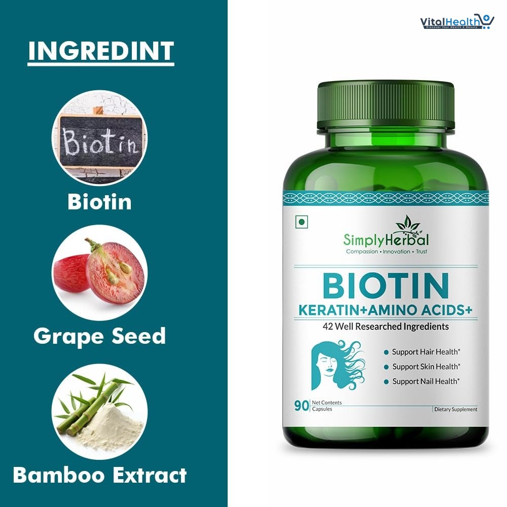 Simply Herbal Natural Biotin Vitamin B7 Capsules for Hair &amp; Skin Enriched With Keratin + Multivitamin + Amino For Men Women (90 Capsules)