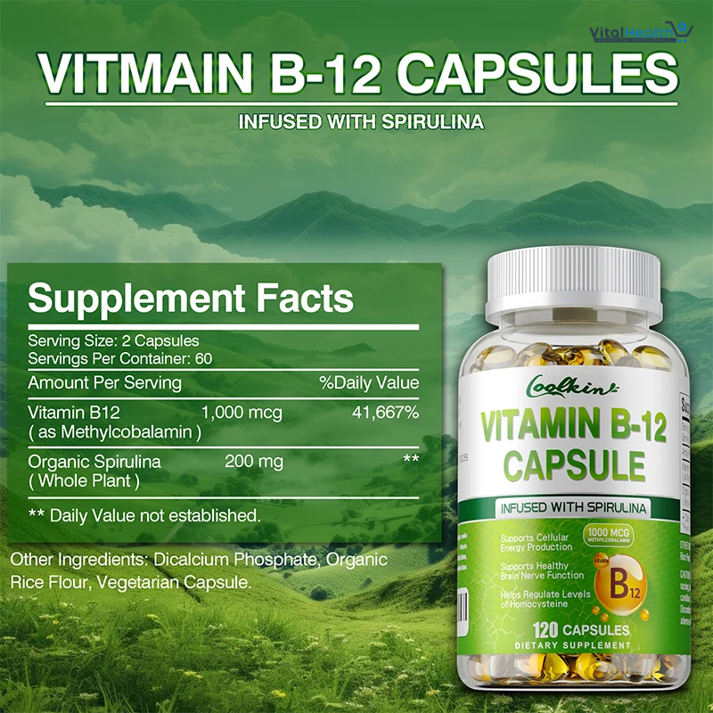 Vitamin B12 Capsules - Methylcobalamin Supplement for Mind, Energy, Brain, Mood, Heart Support - 120 Count