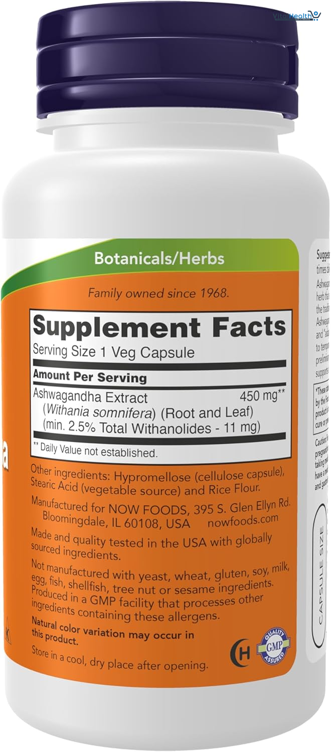 NOW Supplements, Ashwagandha (Withania somnifera) 450 mg (Standardized Extract), 90 Veg Capsules