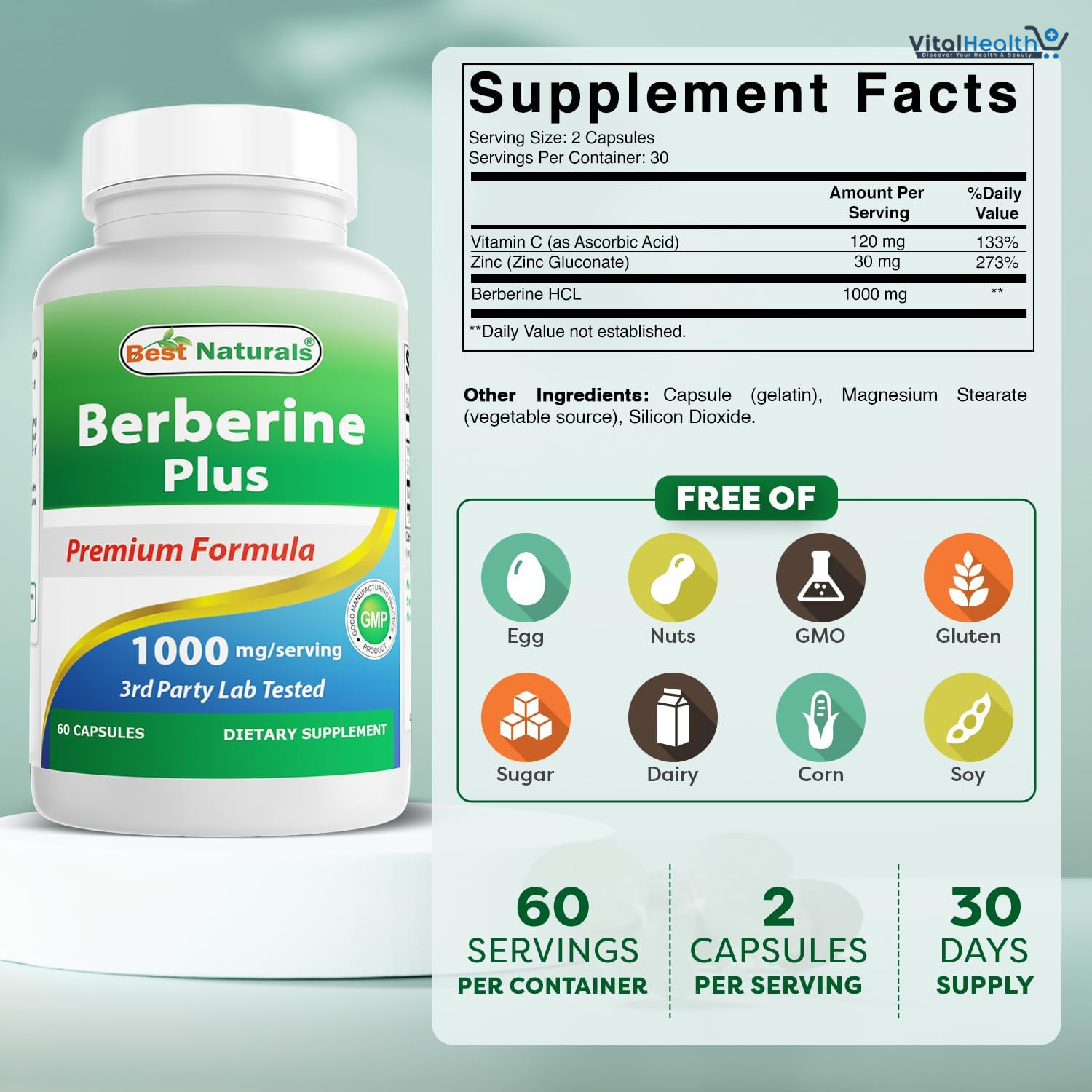 Best Naturals Berberine Plus 1000mg per Serving, (Non-GMO) 60 Capsules - Contains Berberine HCL 1000mg, Vitamin C 120mg &amp; Zinc Gluconate 30 mg