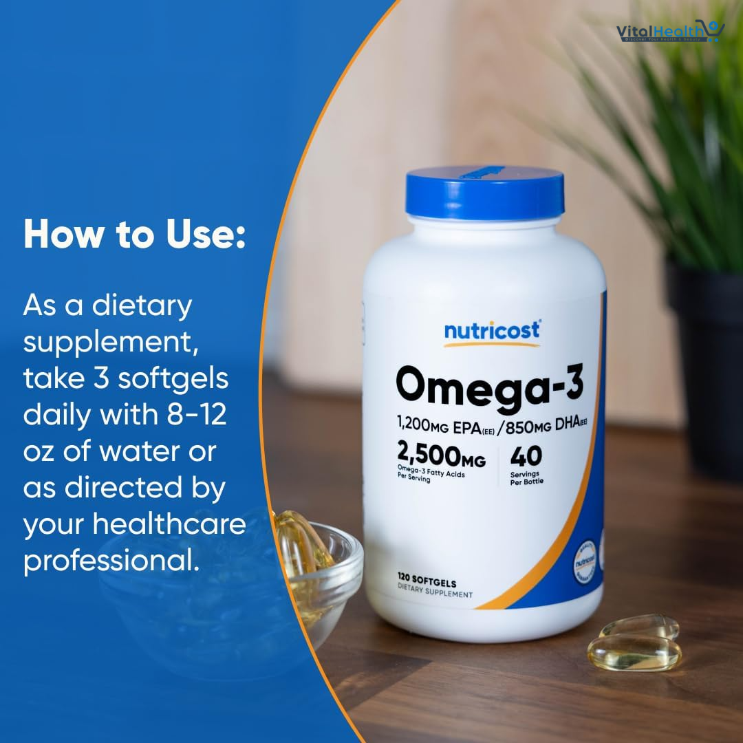 Nutricost Omega 3 Fish Oil - 2500MG, 120 Softgels (40 Serv) - Fish Oil, Wild Caught! 1200mg EPA 850mg DHA - Non-GMO, Gluten Free