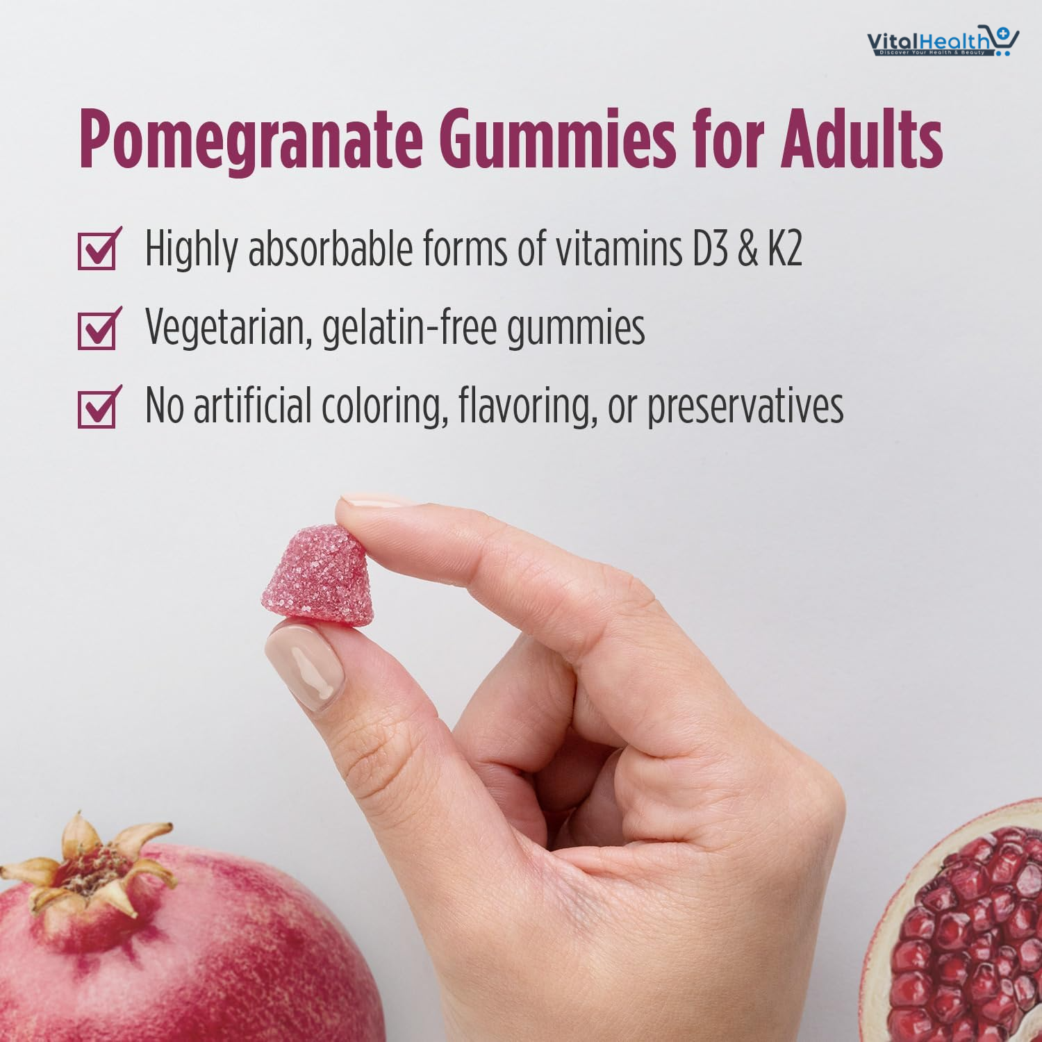 Nordic Naturals Vitamin D3 + K2 Gummies, Pomegranate - 60 Gummies - 1000 IU Vitamin D3 + 45 mcg K2 - Great Taste - Bone Health, Promotes Healthy Muscle Function - Non-GMO - 60 Servings