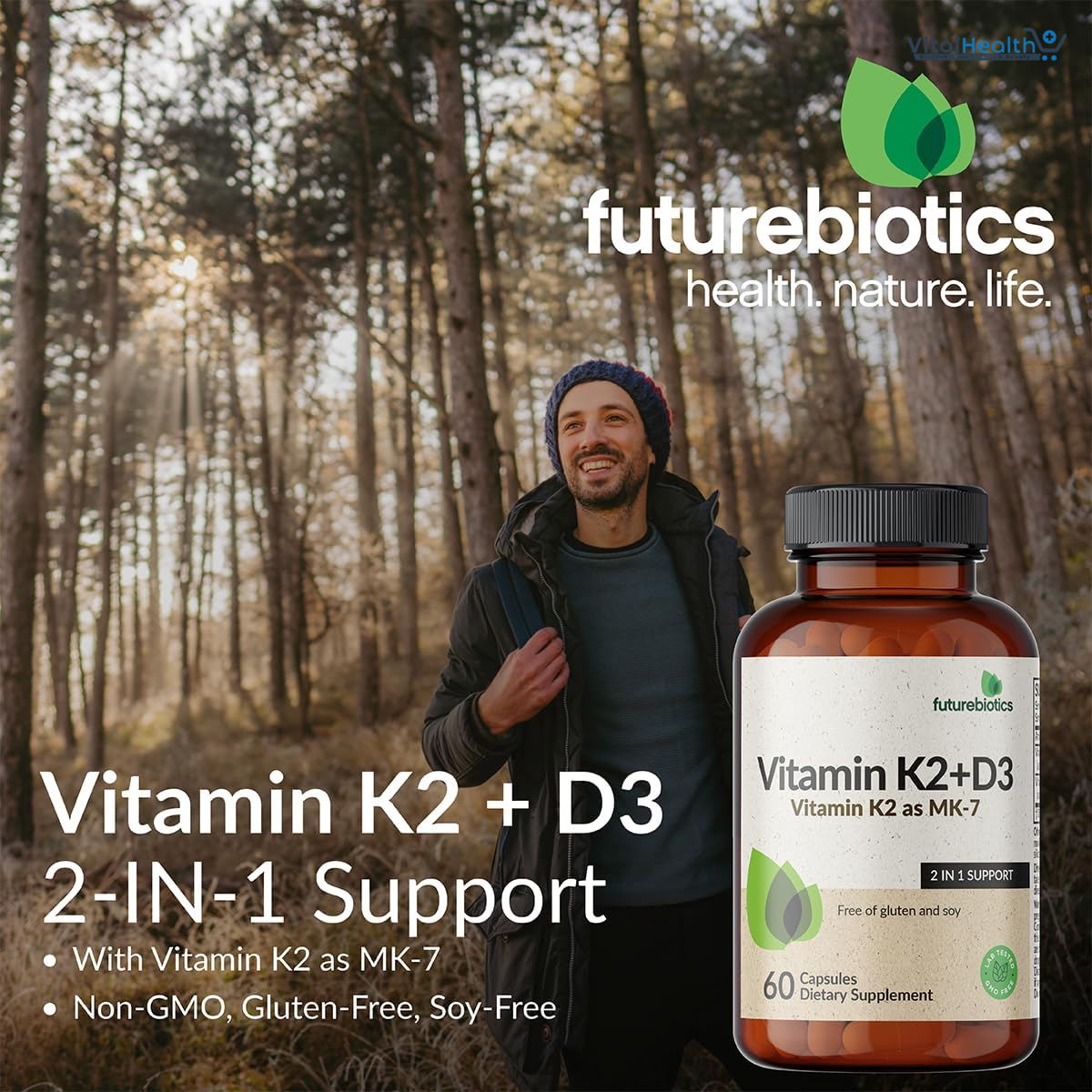Futurebiotics Vitamin K2 (MK7) with D3 Supplement - Non-GMO Formula - 5000 IU Vitamin D3 &amp; 90 mcg Vitamin K2 MK-7, 120 Vegetarian Capsules