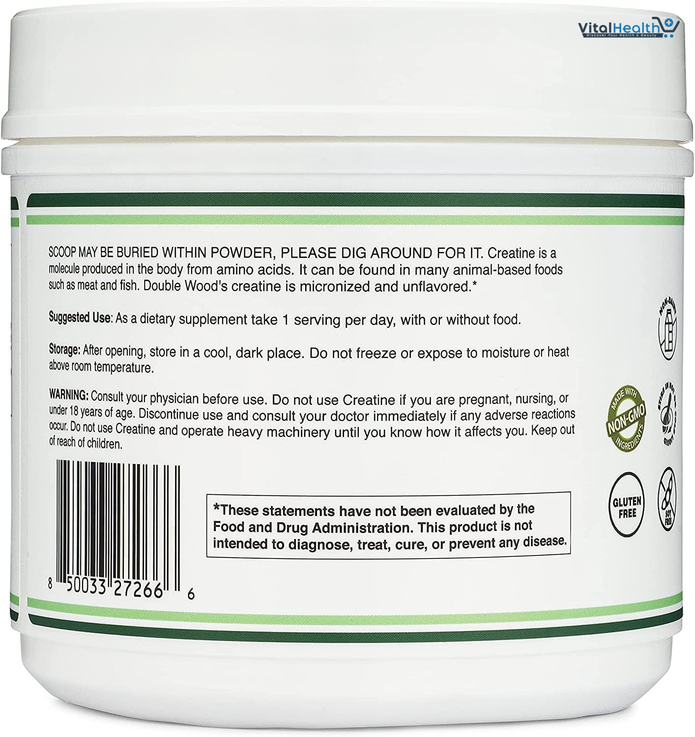 Double Wood Creatine Monohydrate Powder 1.1lbs (100 Servings of 5 Grams Each) - No Fillers, Vegan Safe, Non-GMO, Gluten Free