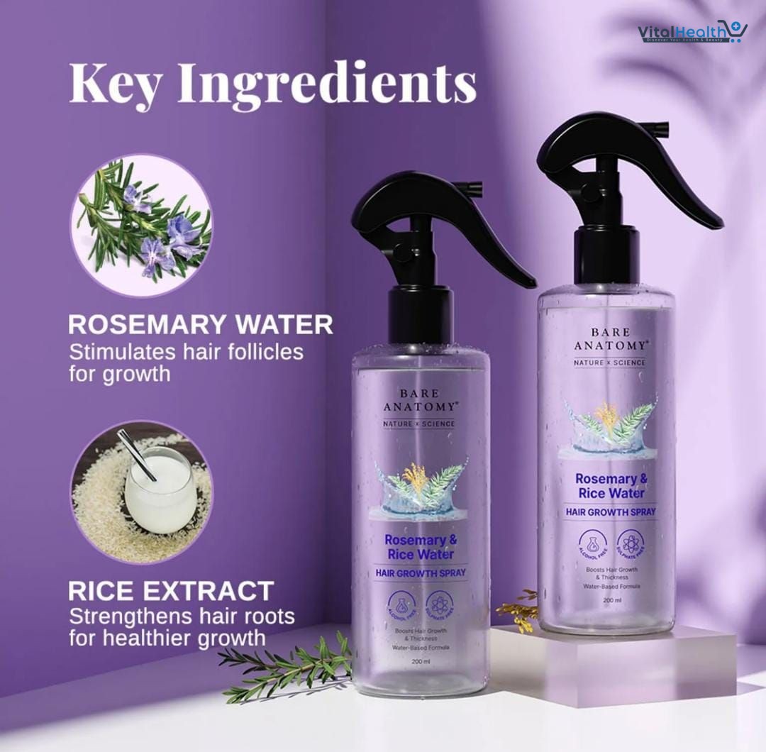 Bare Anatomy Rosemary Water Spray for Hair Growth &amp; Thickness with Rice Water – 200ml