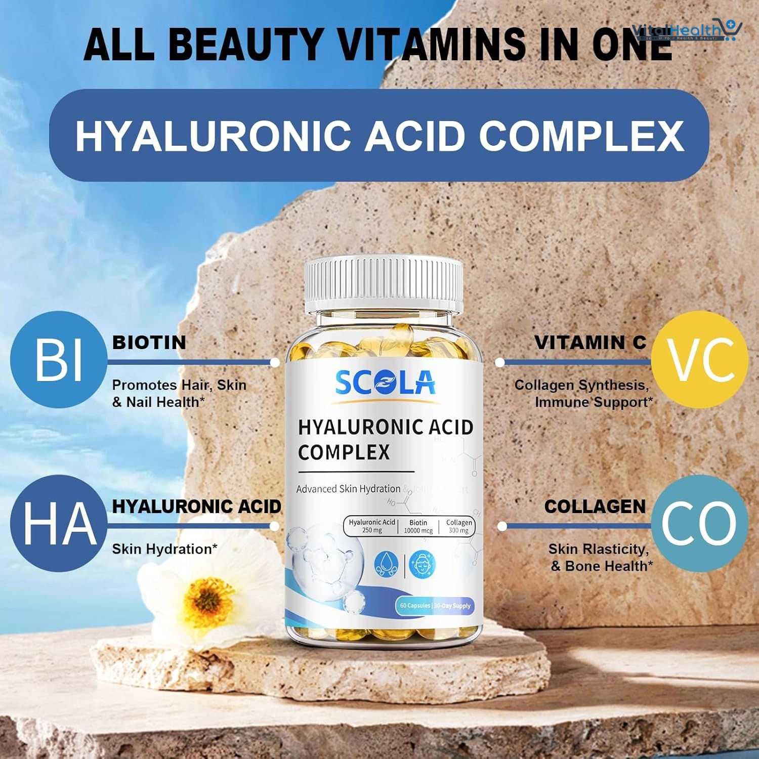 SCOLA Hyaluronic Acid Capsules - 250mg HA + 10,000mcg Biotin, 60 Vegan Capsules | Deep Hydration, Hair &amp; Nail Support | Non-GMO Formula