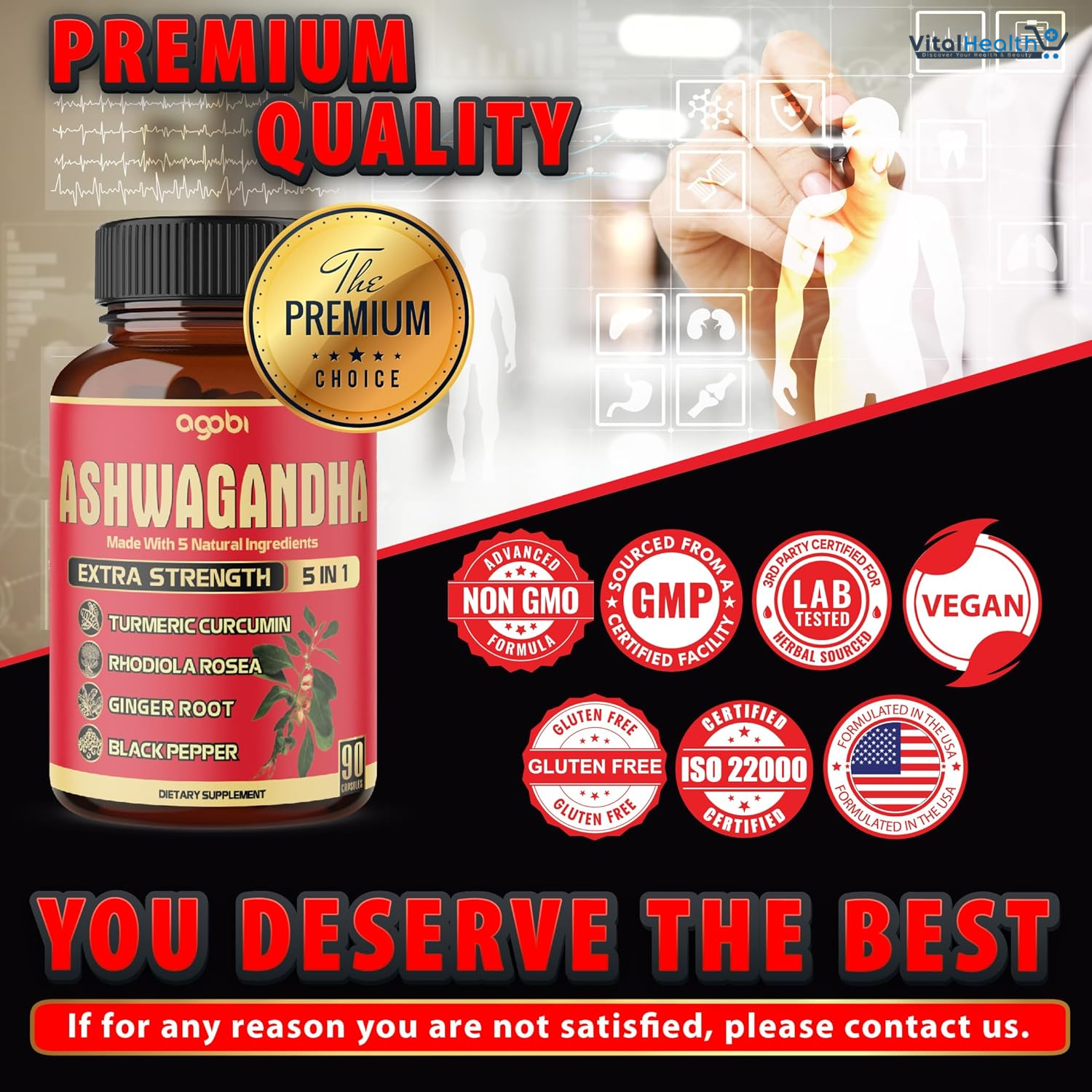 Agobi 9in1 Brain Support Supplement - Concentrated Ashwagandha Root, Gotu Kola Powder, Bacopa Monnieri Powder and More - 90 Capsules