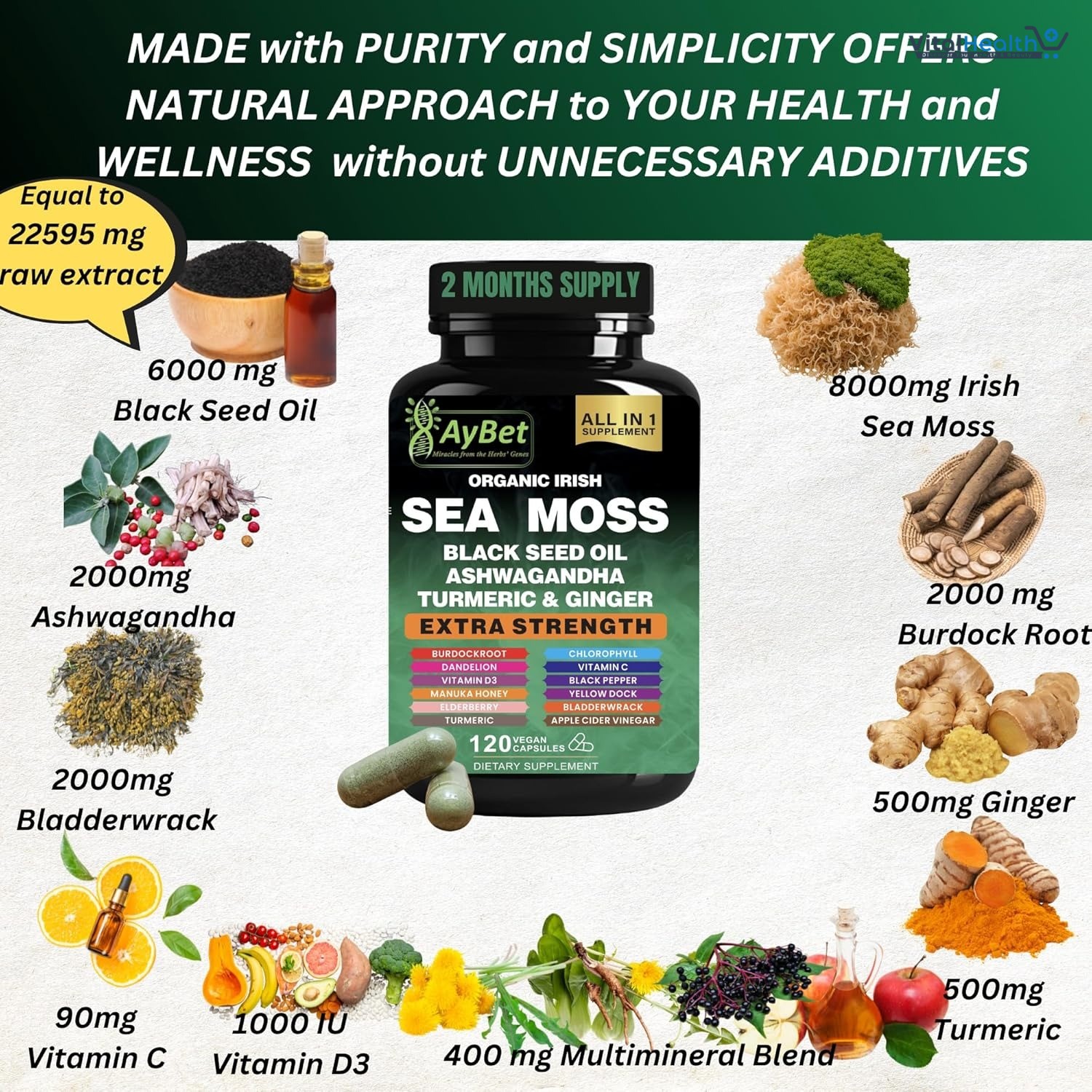 AyBet Organic Irish Sea Moss, Black Seed Oil, Ashwagandha, Turmeric,Ginger Capsule _ 120 Count