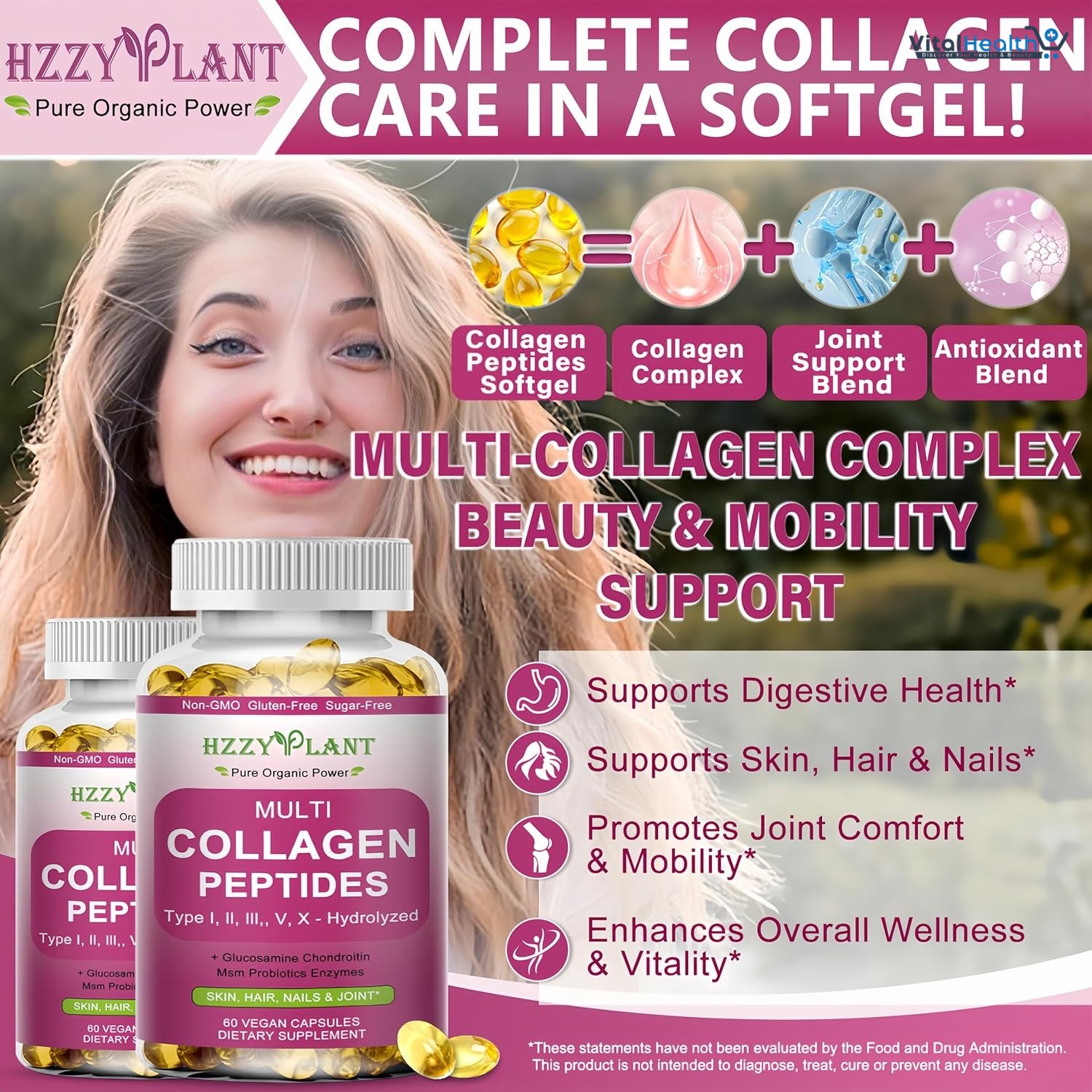 Multi Collagen Peptides Softgel - Type I, II, III, V, X - Hydrolyzed Collagen Peptides with Biotin Vitamin C Hyaluronic Acid for Women &amp; Men, Supports Skin Hair Nail &amp; Joint, Non-GMO, 60 Servings