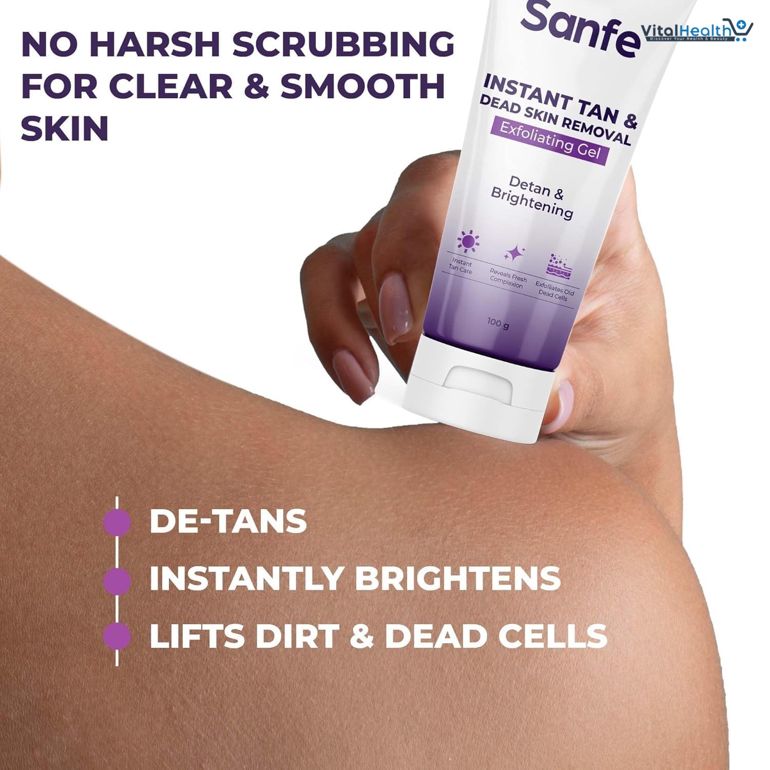 Sanfe Instant Tan &amp; Dead Skin Removal Exfoliating Gel | Detan &amp; Brightening Body Scrub | 100g