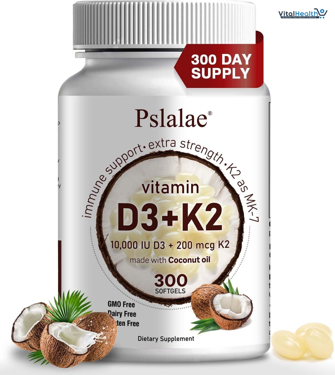 Pslalae 2-in-1 Vitamin D3 K2 Supplement Coconut Oil Softgels, 10000 IU D3 &amp; 200 MCG K2,