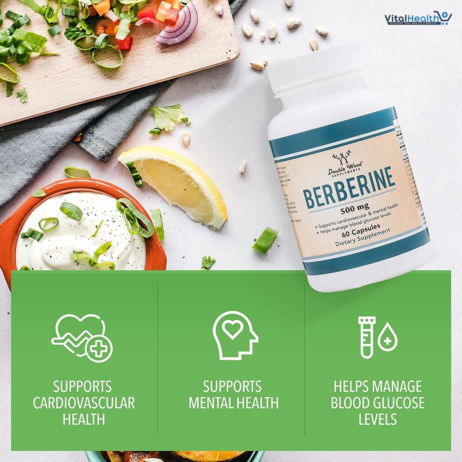 Berberine Supplement 500mg, 60 Capsules (Third Party Tested, Non-GMO, Gluten Free, Vegan Safe) AMPK Activator - Berberine HCL for Cardiovascular Health by Double Wood