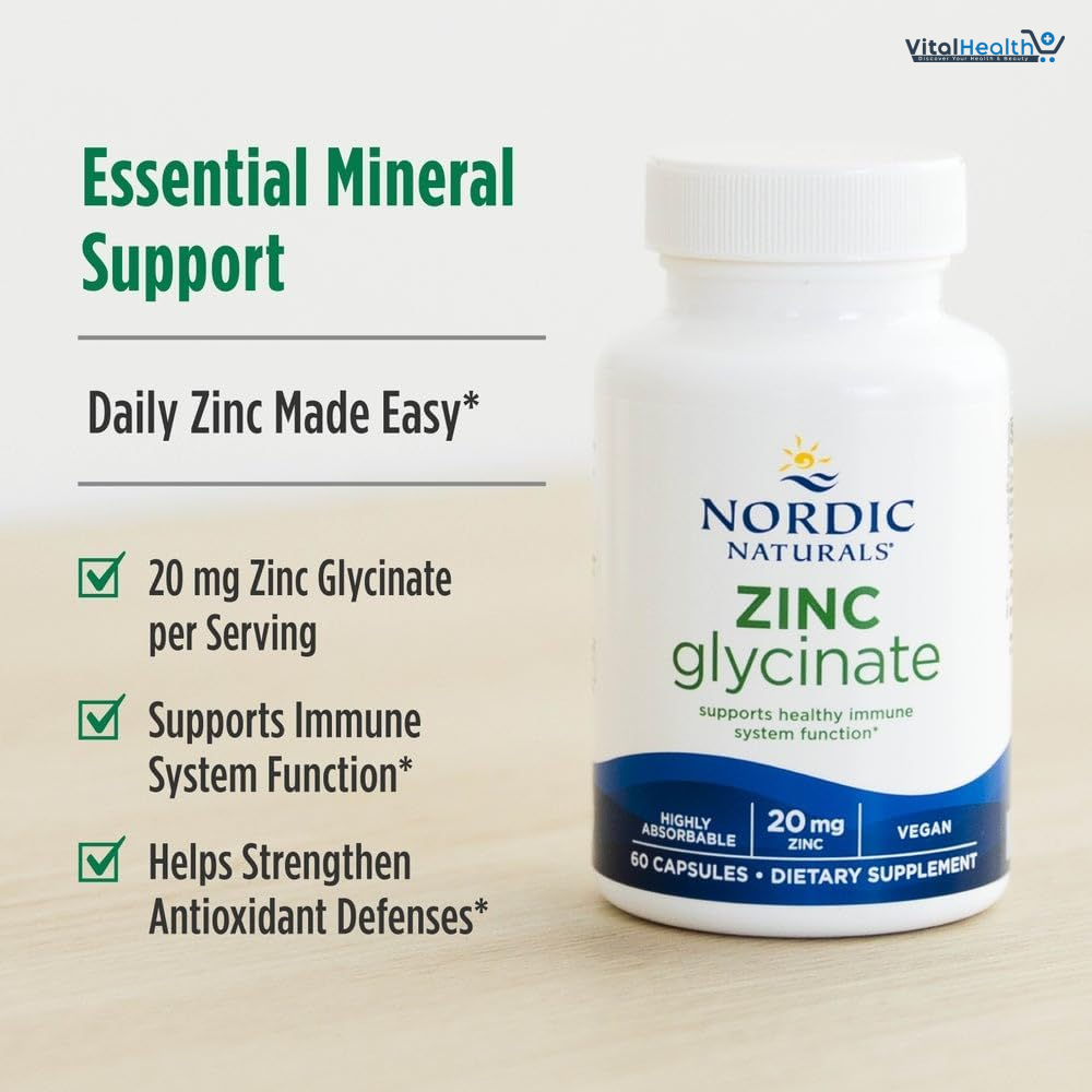 Nordic Naturals Zinc Glycinate - 60 Capsules - 20 mg Highly Absorbable Zinc Glycinate - Optimal Wellness - Non-GMO, Gluten Free, Vegan