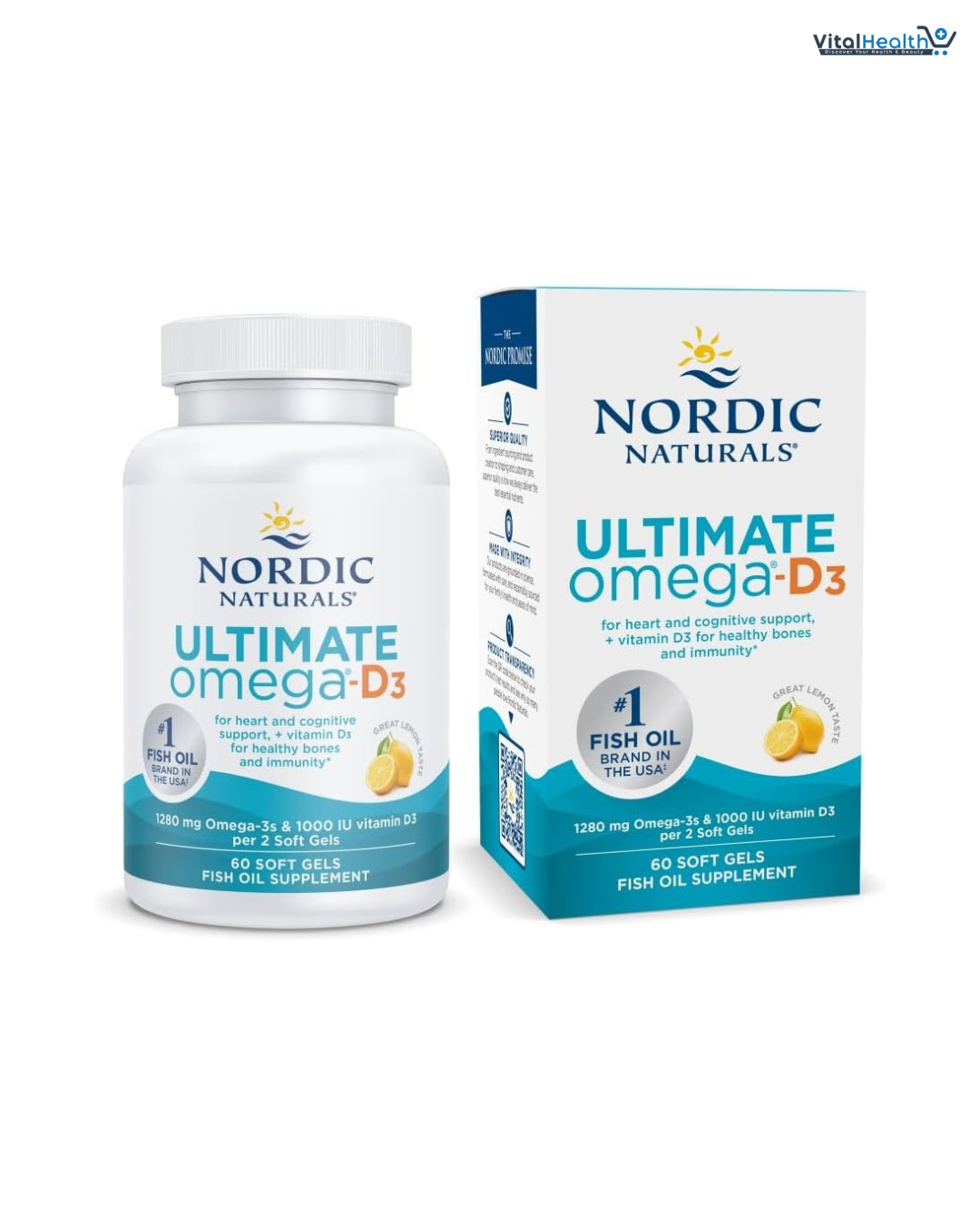 Nordic Naturals Ultimate Omega-D3, Lemon Flavor - 60 Soft Gels - 1280 mg Omega-3 + 1000 IU Vitamin D3 - EPA &amp; DHA - Promotes Brain, Heart, &amp; Immune Health - 30 Servings
