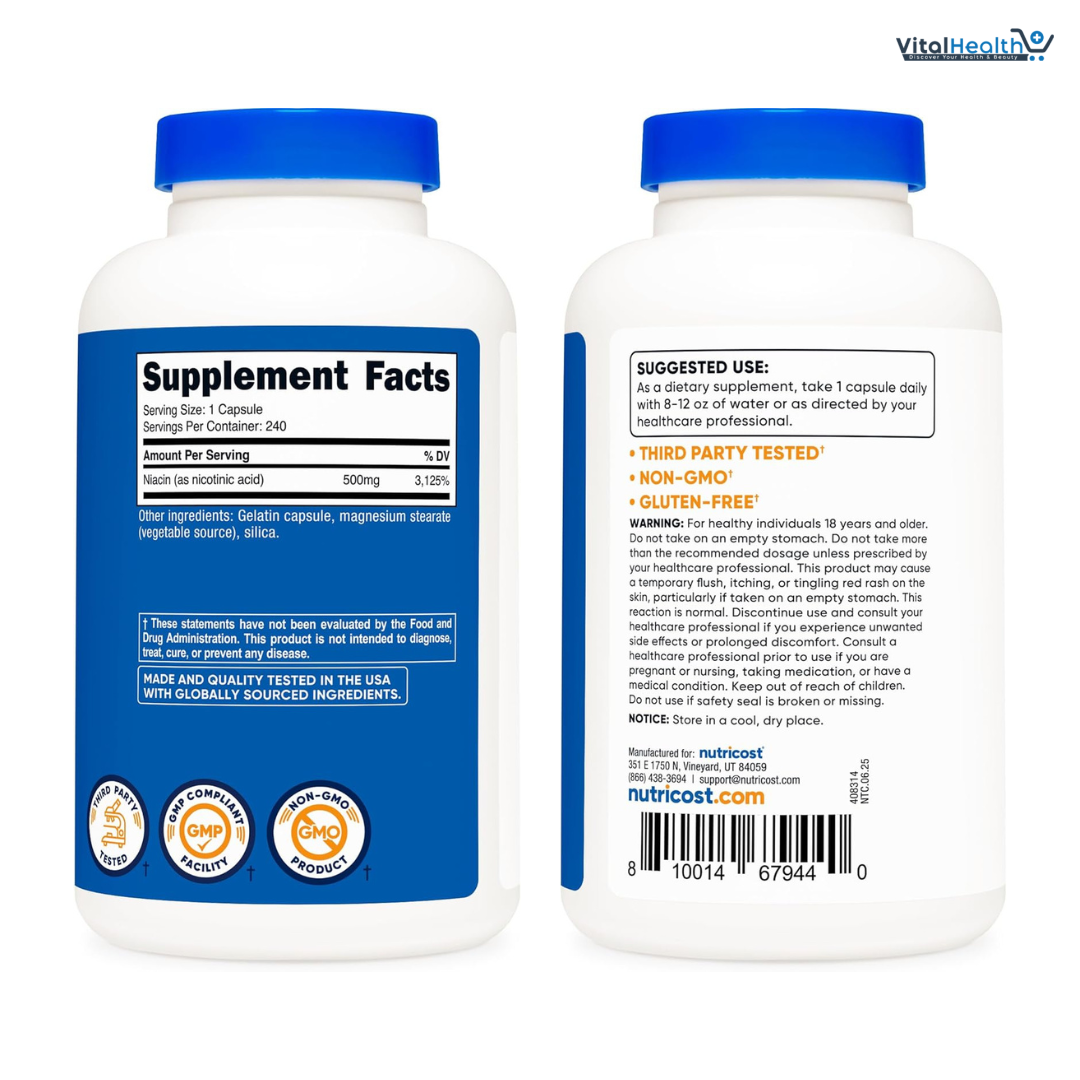 Nutricost Niacin (Vitamin B3) 500mg, 240 Capsules - with Flushing, Non-GMO, Gluten Free