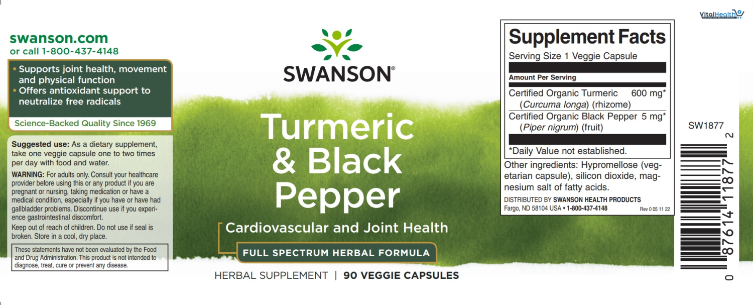 Swanson Turmeric &amp; Black Pepper - Organic Joint Health, Heart Health, Digestion, &amp; Liver Support Supplement - Natural Formula for Enhanced Bioavailability &amp; Absorption - (60 Veggie Capsules)