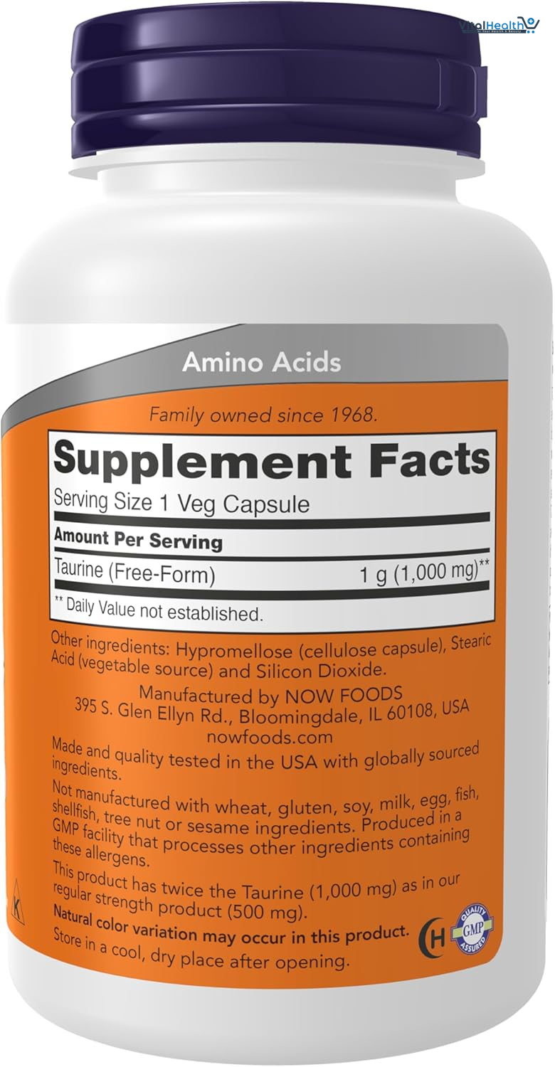 NOW Supplements, Taurine 1,000 mg, Double Strength, Nervous System Health, 100 Veg Capsules