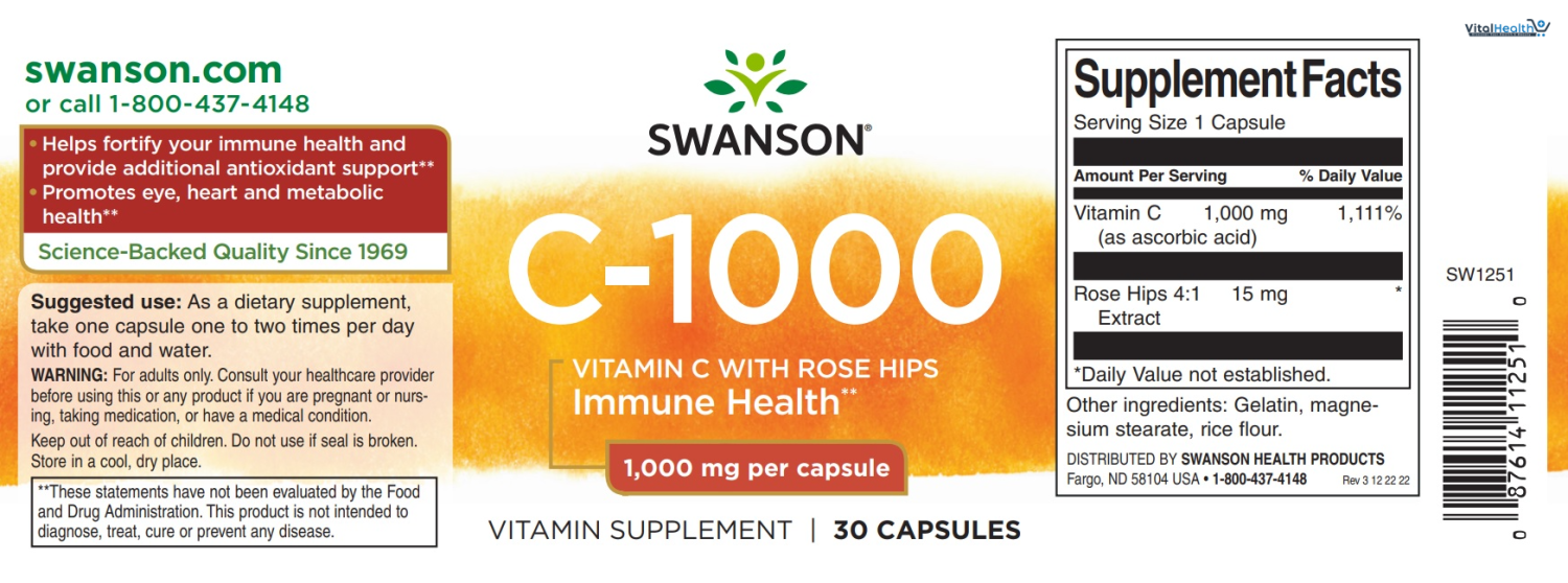 Swanson Vitamin C with Rose HIPS Immune System Support Skin Cardiovascular Health Antioxidant Supplement 1000 mg 250 Capsules (Caps)