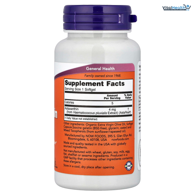 NOW Foods Supplements, Astaxanthin 4 mg, features Zanthin®, Supports Eye Health, 60 Veg Softgels
