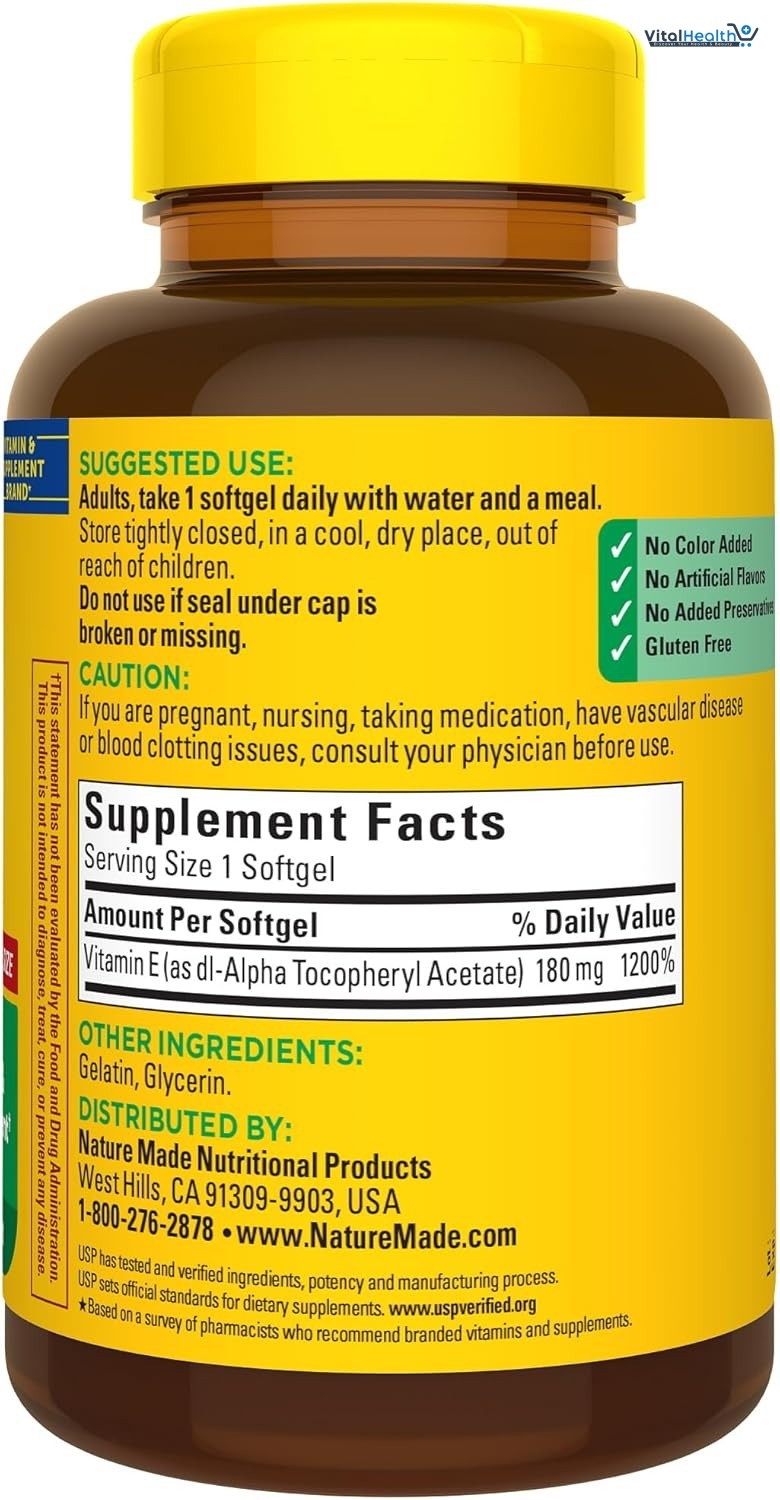 Nature Made Vitamin E 180 mg (400 IU) dl-Alpha, Dietary Supplement for Antioxidant Support, 300 Softgels, 300 Day Supply