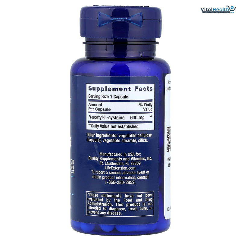 Life Extension N-Acetyl-L-Cysteine (NAC), Immune, Respiratory, Liver Health, NAC 600 mg, Potent antioxidant Support, Free-radicals, Easy to Absorb, 60 Capsules