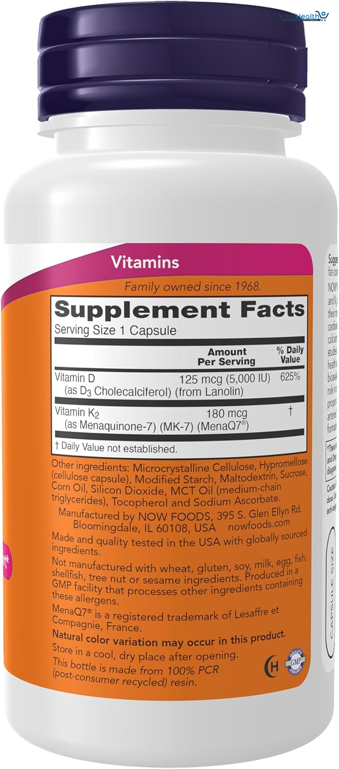 NOW Supplements, Mega D-3 &amp; MK-7, 5000 IU / 180 mcg, Bone &amp; Cardiovascular Support, Vitamins K-3 &amp; K-2, 120 Capsules