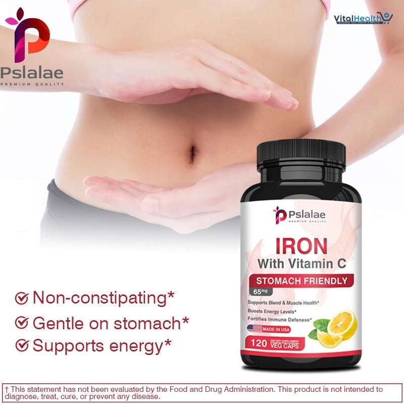 Pslalae Iron with Vitamin C Capsules Support Muscles Health, Increase Energy and Improve Immune Function