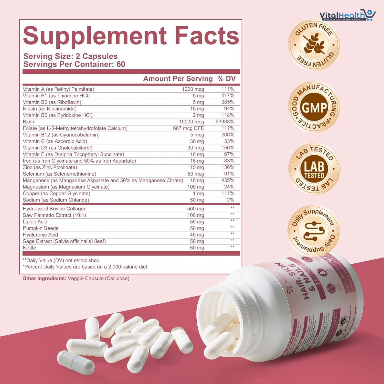 Hair Skin and Nails Vitamins with Biotin, Collagen &amp; Hyaluronic Acid, Supports Healthy Hair Growth, Strong Nails &amp; Glowing Skin, Biotin Supplement with Vitamins A, C, D3, E, B Complex &amp; Minerals